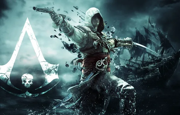 Gun, ship, sword, flag, pirate, assassin, Edward Kenway, Assassin's Creed IV: Black Flag