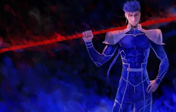 Picture smile, weapons, anime, art, guy, fate stay night, lancer, bob