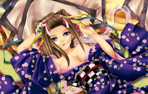 Picture girl, pillow, art, geisha, kimono, lying, chanelqueen17