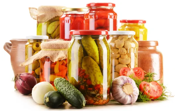 Greens, mushrooms, bow, white background, banks, vegetables, tomatoes, olives