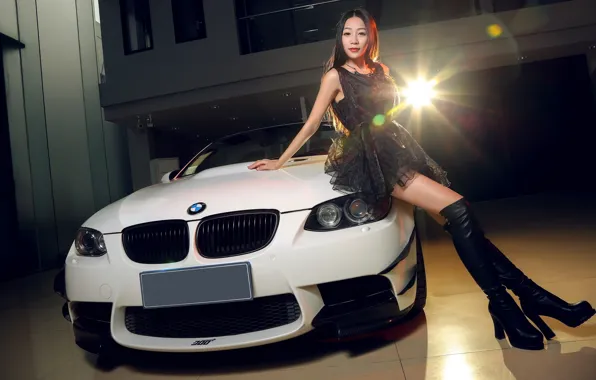 Look, girl, BMW, Asian, beautiful girl, leaned on a car, white car