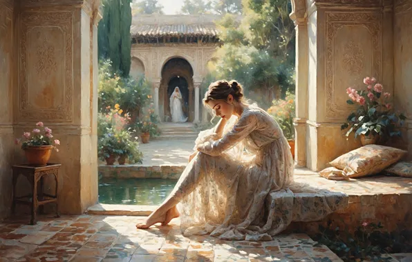 Picture summer, girl, light, flowers, pose, castle, bed, fantasy