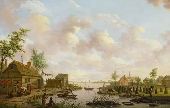 Trees, oil, picture, Hendrik Willem Sweikhardt, Landscape with Fishermen and Farmers Extracting Peat