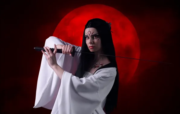 Picture pose, katana, brunette, stand, edged weapons, Japanese motifs, Lilush Kir