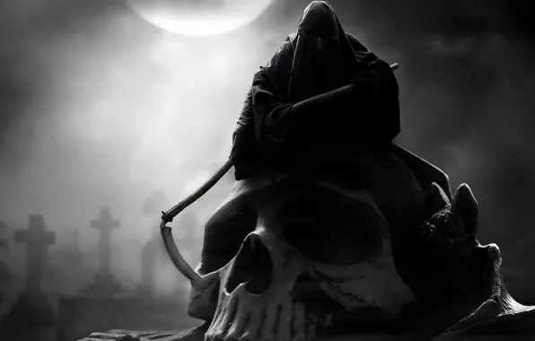 Picture death, the moon, skull, hood, braid, gloomy