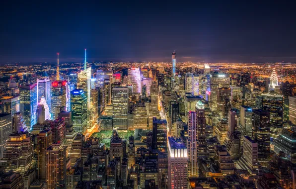 Night, lights, New York, skyscrapers, panorama, USA, megapolis