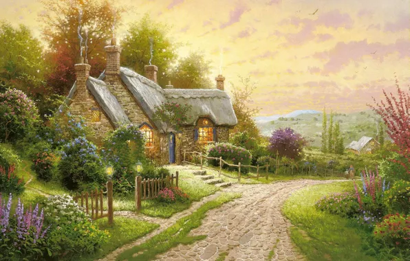 Road, summer, flowers, picture, the evening, house, painting, cottage