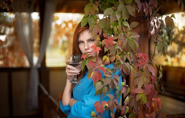 Picture red, glass, leaves, girl, look