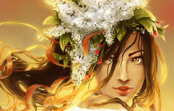 Picture look, leaves, girl, flowers, face, hair, art, lips