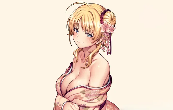 Girl, sexy, yukata, cleavage, dress, boobs, smile, anime