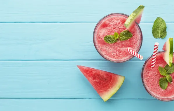 Board, watermelon, juice, cocktail, drink, mint, blue background, tube