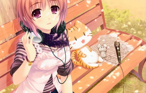 Picture girl, bench, toys, headphones, scarf, art, microphone, alpha