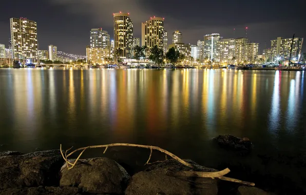 Night, lights, Hawaii, Honolulu