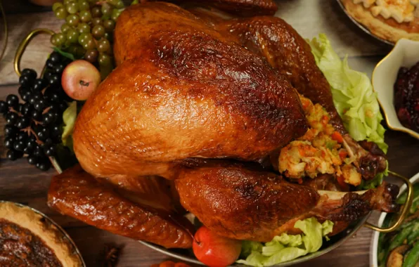 Table, food, chicken, grapes, meat, feast, Golden, tray