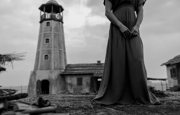 Girl, lighthouse, dress, monochrome, Mikhail Potapov
