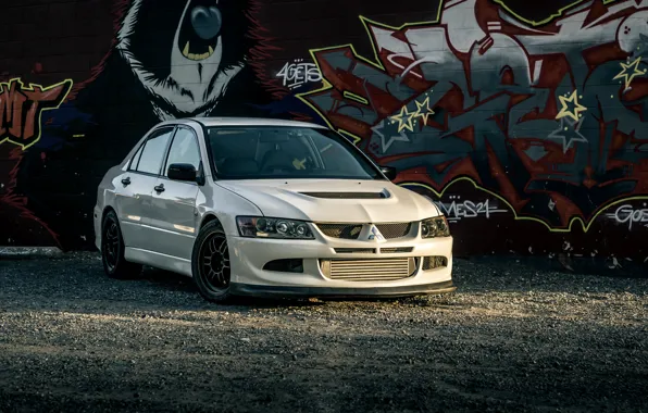 Mitsubishi, Lancer, Evolution, graffiti, White, VIII