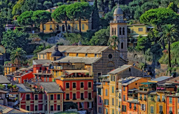 Trees, landscape, paint, tower, home, slope, Italy, Church