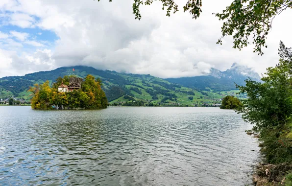Picture field, forest, clouds, mountains, lake, shore, Switzerland, house
