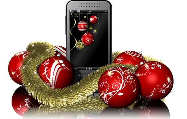 Picture snowflakes, red, reflection, holiday, balls, toy, new year, Christmas