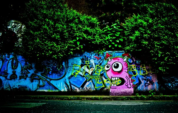 Trees, graffiti, monster, Wall, the sidewalk