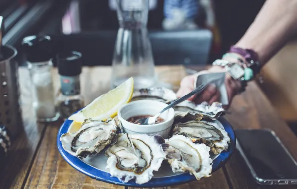 Lemon, slice, plate, sauce, dish, oysters, delicacy