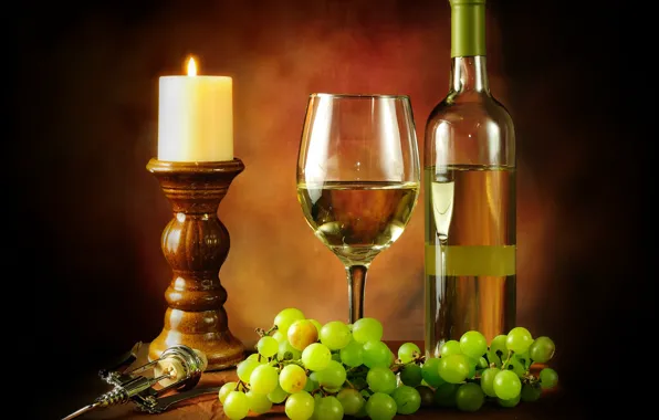 Wine, white, glass, bottle, candle, grapes, corkscrew