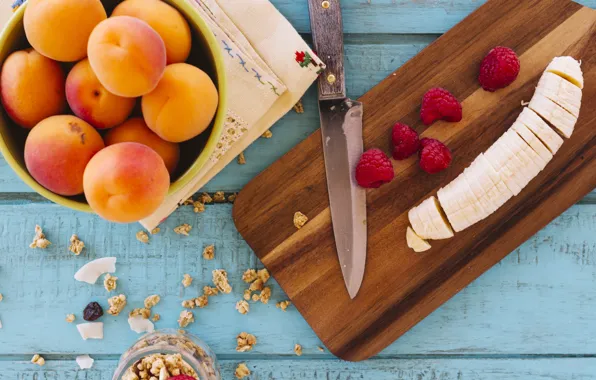 Berries, Breakfast, banana, cutting Board, granola