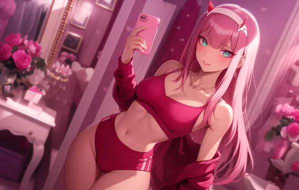Anime, art, wallpaper, pink hair, pink hair, selfie, selfie, darling in the franxx