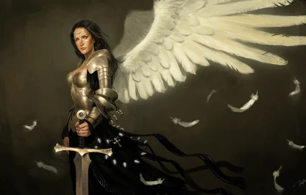 Girl, wings, angel, sword, art, armor
