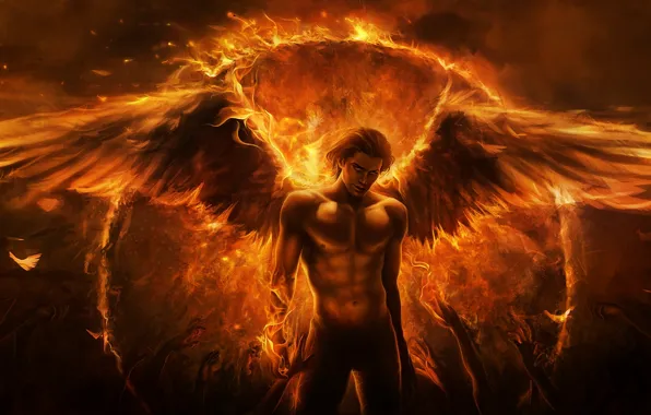 Fire, wings, angel, hands, the demon, art, guy, Imaliea