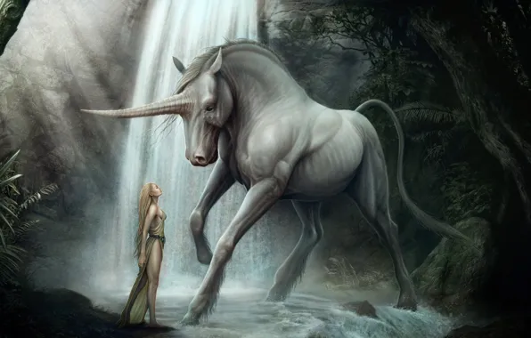 Forest, girl, horse, waterfall, art, unicorn, horn, kenbarthelmey