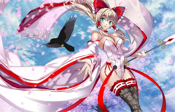 Chest, look, girl, smile, bird, Sakura, staff, art