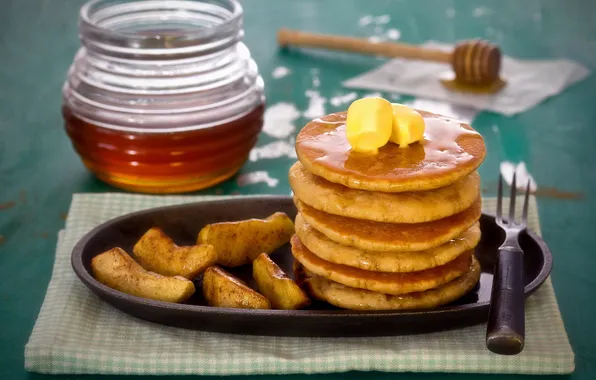 Apples, oil, honey, pancakes