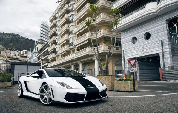 Lamborghini, white, gallardo, road, sky, hotel