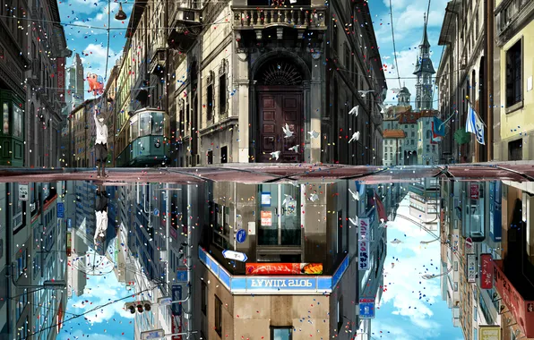 Picture birds, the city, reflection, balloon, holiday, Boy, umbrella, tram
