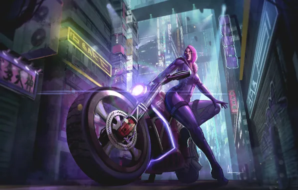 Girl, Night, The city, Girl, Motorcycle, City, Punk, Fantasy