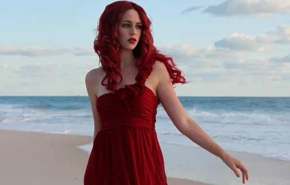Picture sea, wave, the sky, girl, face, red, makeup, dress