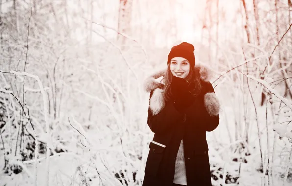 Winter, forest, look, girl, light, snow, branches, face