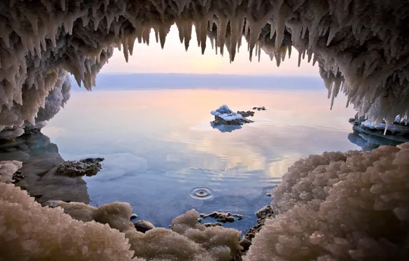 Winter, sea, sunset, stones, icicles, cave, sea, landscape