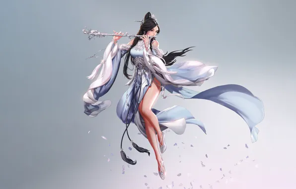 Picture style, minimalism, dress, art, girl, Asian, flute, Music