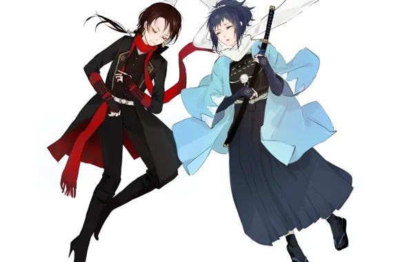 White background, two, samurai, Touken Ranbu, Dance of swords