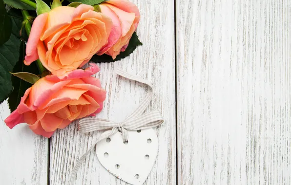 Flowers, heart, roses, love, heart, wood, pink, romantic