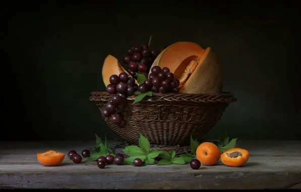 Style, grapes, still life, basket, melon, apricots