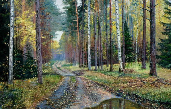 Picture water, trees, picture, puddle, after the rain, painting, forest road, Lutsenko