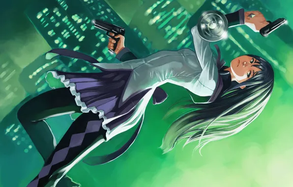 Girl, flight, night, weapons, building, art, mahou shoujo madoka magica, homura akemi