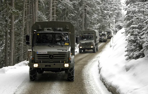 Picture winter, snow, Mercedes, column, unimog, u5000