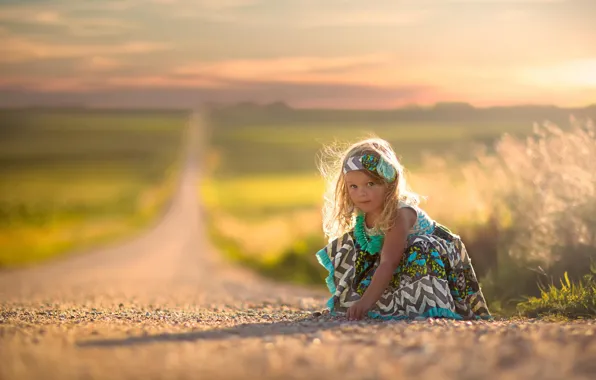 Road, dress, space, girl, bokeh