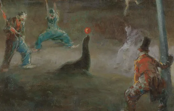 Picture, circus, genre, Everett Shinn, Clowns Playing Ball with Seal, Everett Shinn