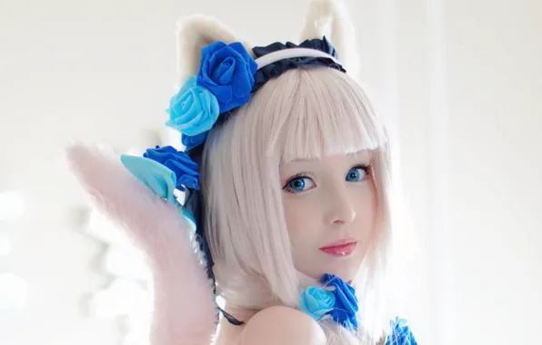 Girl, blue eyes, beautiful, short hair, pretty, face, cosplay, attractive