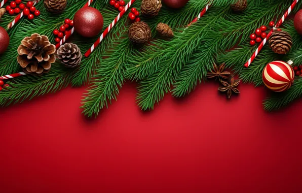 Balls, branches, Christmas, red, New year, needles, bumps, red background